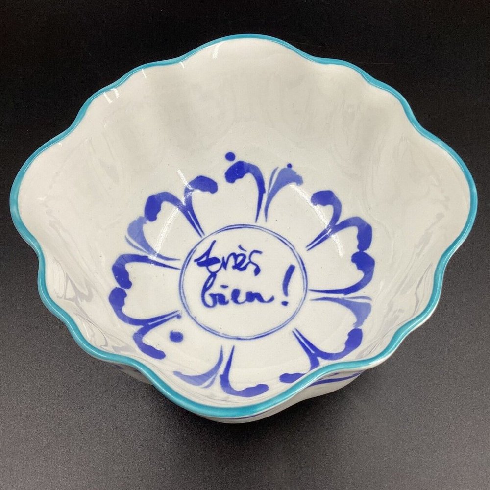 Anthropologie Bonjour Hilde Phrase Bowl Tres Bien White Blue Green Stoneware